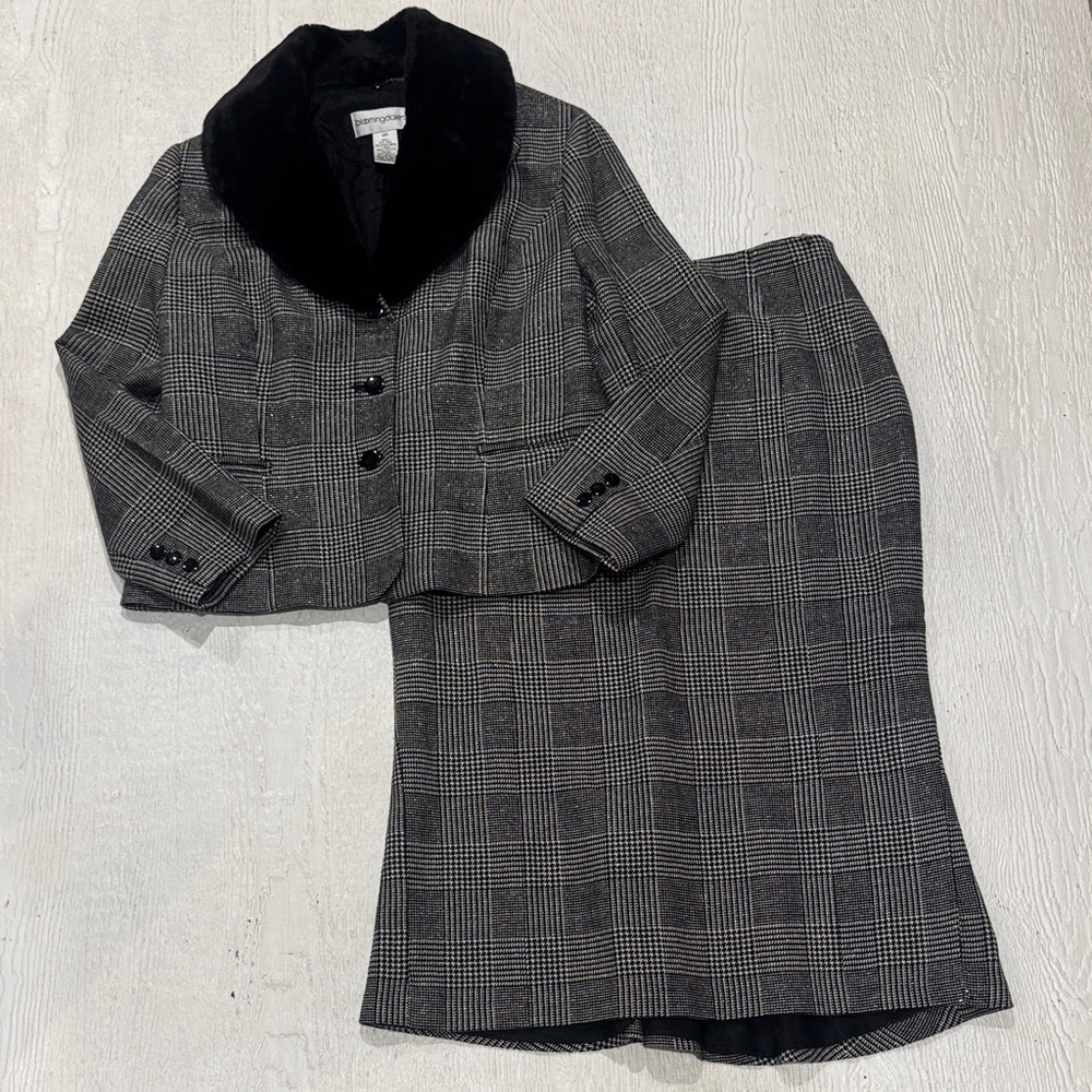 Bloomingdale’s Wool Skirt Set Suit Plaid Women's Blazer Faux Fur